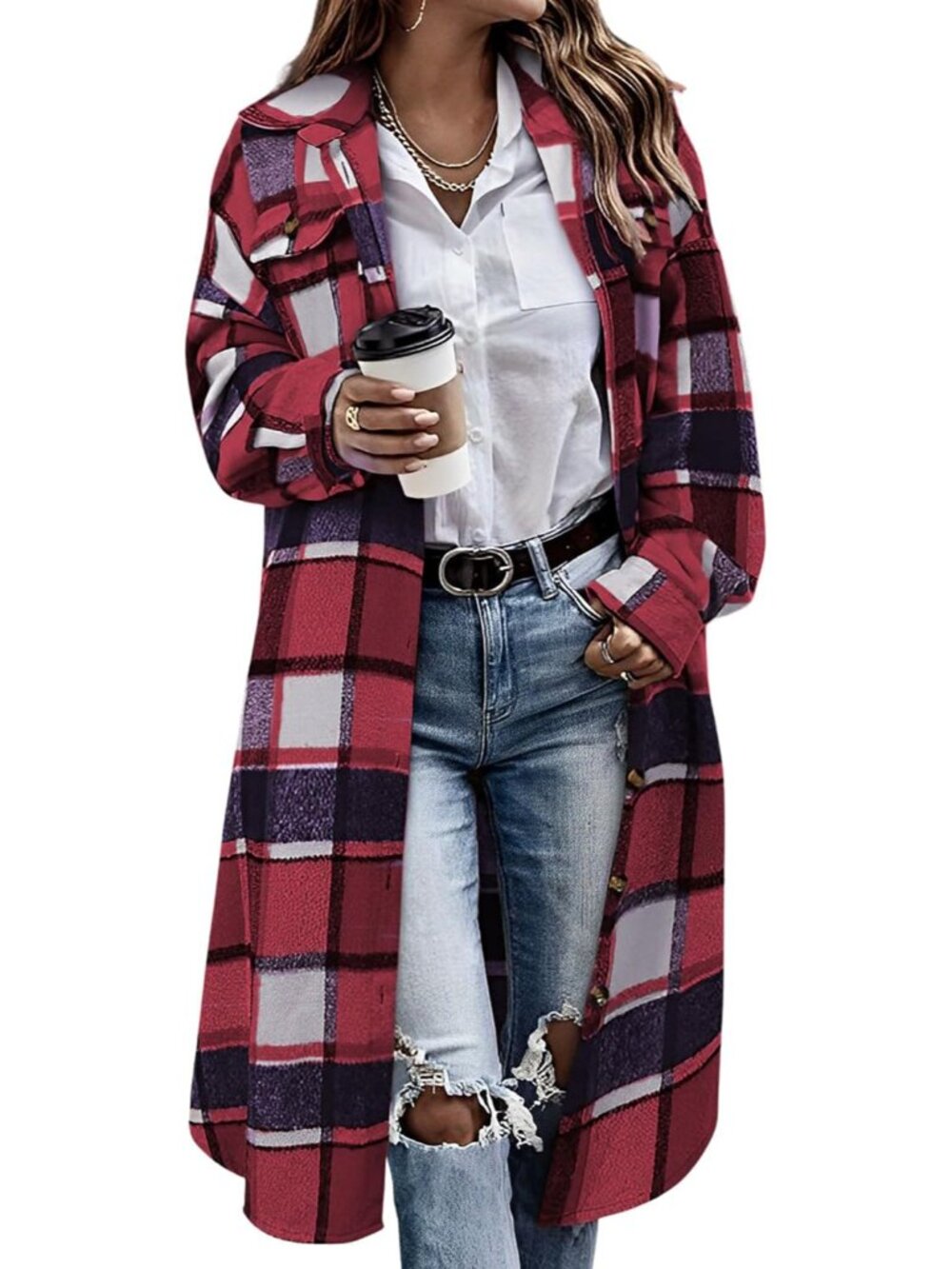Women's Casual Plaid Lapel Woolen Button Up Pocketed Long Shacket Coat